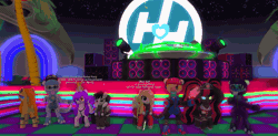 Size: 1299x640 | Tagged: safe, artist:allyster-black, oc, oc only, oc:ares, oc:izzy, dinosaur, earth pony, pegasus, pony, unicorn, velociraptor, equestria daily, open pony, 3d, accessory, animated, clothes, costume, dancing, gif, second life