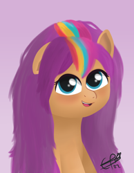 Size: 1550x2000 | Tagged: safe, artist:cobaltskies002, sunny starscout, earth pony, pony, g5, my little pony: tell your tale, blushing, cute, female, floppy ears, loose hair, mane stripe sunny, mare, multicolored hair, one ear down