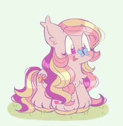 Size: 1351x1383 | Tagged: safe, artist:lemoocado, fluttershy (g3), butterfly, earth pony, pony, g3, butterfly on nose, chest fluff, insect on nose, simple background, smiling, solo, unshorn fetlocks
