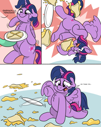 Size: 2383x2998 | Tagged: safe, artist:doodledonutart, twilight sparkle, alicorn, pony, g4, comic, ears back, female, folded wings, food, high res, mare, offscreen character, partially open wings, quesadilla, raised hoof, solo focus, they're just so cheesy, twilight sparkle (alicorn), wings