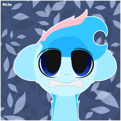 Size: 2000x2000 | Tagged: safe, artist:arche, oc, oc only, oc:blue chewings, earth pony, pony, blue background, blue eyes, blue hair, bone, bust, chew toy, cute, earth pony oc, high res, pink hair, simple background, solo, two toned mane