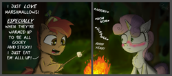 Size: 2300x1014 | Tagged: safe, artist:chopsticks, button mash, sweetie belle, earth pony, pony, unicorn, g4, accidental innuendo, blushing, campfire, cheek fluff, chest fluff, colt, comic, dialogue, duo, ear fluff, female, filly, fire, foal, food, hat, implied shipping, innocent innuendo, innuendo, male, marshmallow, night, open mouth, roasted marshmallow, ship:sweetiemash, shipping, straight, sweetie belle is a marshmallow too, text, unshorn fetlocks