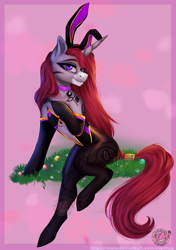 Size: 2681x3799 | Tagged: safe, alternate version, artist:copshop, oc, oc only, oc:selune darkeye, pony, unicorn, body markings, bunny ears, bunny suit, clothes, coat markings, collar, cute, easter bunny, easter egg, egg, facial markings, female, female oc, grass, grass field, high res, horn, looking at you, markings, mealy mouth (coat marking), pony oc, seductive, seductive look, seductive pose, slender, smiling, smiling at you, socks, solo, tail, tail wrap, thigh highs, thin