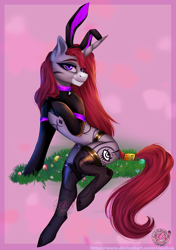 Size: 2681x3799 | Tagged: safe, alternate version, artist:copshop, oc, oc only, oc:selune darkeye, pony, unicorn, body markings, bunny ears, bunny suit, clothes, coat markings, collar, cute, easter bunny, easter egg, egg, facial markings, female, female oc, grass, grass field, high res, horn, looking at you, markings, mealy mouth (coat marking), pony oc, reverse bunny suit, seductive, seductive look, seductive pose, slender, smiling, smiling at you, socks, solo, tail, tail wrap, thigh highs, thin