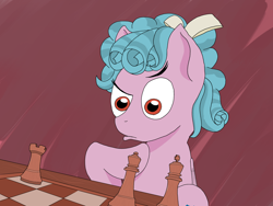 Size: 2000x1500 | Tagged: safe, artist:aklesswift, cozy glow, earth pony, pony, g4, chess, chessboard, simple background, solo, thinking