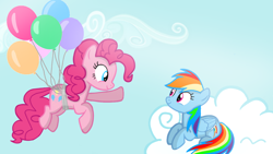 Size: 1280x720 | Tagged: safe, artist:mlplary6, pinkie pie, rainbow dash, earth pony, pegasus, pony, g4, backwards cutie mark, balloon, cloud, female, floating, friends, mare, sky, smiling, then watch her balloons lift her up to the sky