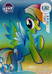 Size: 727x1033 | Tagged: safe, rainbow dash, pegasus, pony, g4, official, card, female, kayou, mare, merchandise, my little pony logo, scan, simple background, solo, text, trading card