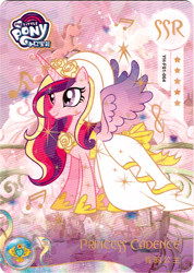 Size: 732x1030 | Tagged: safe, princess cadance, alicorn, pony, g4, official, canterlot, card, clothes, dress, female, kayou, mare, merchandise, music notes, my little pony logo, scan, shoes, solo, text, trading card, trading card game, wedding dress, wedding veil
