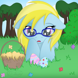 Size: 2048x2048 | Tagged: safe, artist:dawnshine, oc, oc only, oc:cloud cuddler, pegasus, pony, accessory, basket, commission, easter, easter egg, egg, female, floppy ears, glasses, grass, grass field, high res, holiday, open mouth, pegasus oc, solo, tree, ych result