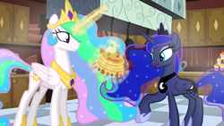 Size: 1280x720 | Tagged: safe, artist:mlplary6, princess celestia, princess luna, alicorn, pony, g4, duo, ethereal mane, ethereal tail, female, folded wings, food, glowing, glowing horn, height difference, hoof shoes, horn, kitchen, long mane, magic, magic aura, mare, pancakes, princess shoes, royal sisters, siblings, sisters, slender, smiling, standing, starry mane, starry tail, tail, telekinesis, thin, wings