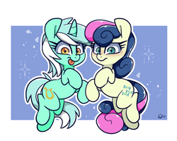 Size: 1748x1400 | Tagged: safe, artist:lou, bon bon, lyra heartstrings, sweetie drops, earth pony, pony, unicorn, g4, abstract background, duo, duo female, female, lesbian, mare, married couple, outline, ship:lyrabon, shipping, tongue out, white outline