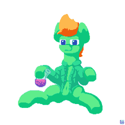 Size: 1024x1024 | Tagged: safe, artist:vohd, oc, oc only, earth pony, pony, animated, butt, clothes, drinking, error, femboy, gender swap potion, gif, glitch, male, pixel art, plot, potion, rule 63, shirt, sitting, transformation, transgender transformation