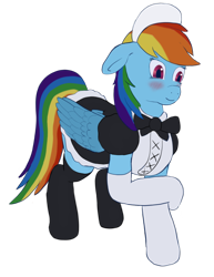 Size: 1412x1832 | Tagged: safe, artist:callichrome, rainbow dash, pegasus, pony, g4, blushing, bow, clothes, cute, dress, embarrassed, maid, rainbow maid, simple background, socks, solo, stockings, thigh highs, tomboy taming, transparent background
