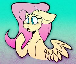 Size: 2412x2048 | Tagged: safe, artist:trash0king, fluttershy, pegasus, pony, g4, abstract background, bust, female, floppy ears, high res, mare, no pupils, open mouth, portrait, raised hoof, solo, spread wings, three quarter view, wings