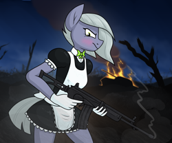 Size: 1806x1500 | Tagged: safe, alternate version, artist:moonatik, limestone pie, earth pony, anthro, new lunar millennium, g4, alternate timeline, angry, apron, battlefield, blushing, bowtie, clothes, dress, female, fire, galil, gloves, gun, maid, mare, military pony, night, nightmare takeover timeline, rifle, skirt, smoke, soldier, solo, tank (vehicle), trigger discipline, unamused, uniform, weapon