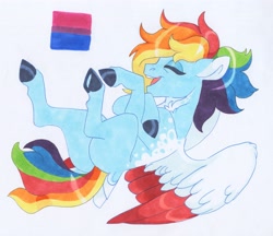 Size: 3389x2922 | Tagged: safe, artist:frozensoulpony, rainbow dash, pegasus, pony, g4, butt, colored wings, description is relevant, high res, lying down, on back, plot, solo, traditional art, two toned wings, wings