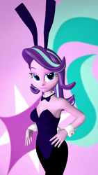 Size: 900x1600 | Tagged: safe, artist:oatmeal!, starlight glimmer, human, equestria girls, g4, 3d, blue leotard, bowtie, breasts, bunny ears, bunny suit, busty starlight glimmer, cleavage, clothes, cuffs (clothes), cutie mark, cutie mark background, easter, easter bunny, gmod, hand on hip, holiday, leotard, looking at you, pantyhose, playboy bunny, sexy, simple background, smiling, solo, starlight's leotard