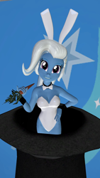 Size: 900x1600 | Tagged: safe, artist:oatmeal!, trixie, human, equestria girls, g4, 3d, bowtie, breasts, bunny ears, bunny out of the hat, bunny suit, busty trixie, carrot, cleavage, clothes, cuffs (clothes), cutie mark, cutie mark background, easter, easter bunny, food, gmod, grin, hand on hip, hat, holiday, leotard, looking at you, magic trick, playboy bunny, sexy, simple background, smiling, solo, top hat, trixie's leotard, white leotard