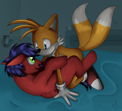 Size: 2750x2500 | Tagged: safe, artist:sanic-x, oc, pegasus, pony, crossover, crossover shipping, gay, high res, looking at each other, looking at someone, lying down, male, miles "tails" prower, on back, shipping, sonic the hedgehog (series)
