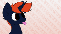 Size: 4444x2500 | Tagged: safe, artist:monycaalot, oc, oc only, oc:fizark catto, pony, unicorn, abstract background, blue skin, brown eyes, cute, horn, male, tongue out, unicorn oc