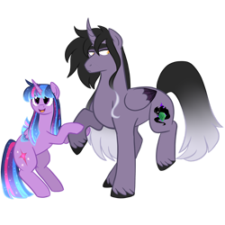Size: 1280x1280 | Tagged: safe, artist:gingygin, twilight sparkle, oc, oc:penumbra, alicorn, pony, g4, duo, ethereal mane, female, height difference, male, male alicorn, mare, mother and child, mother and son, offspring, parent:king sombra, parent:twilight sparkle, parents:twibra, simple background, stallion, starry mane, transparent background, twilight sparkle (alicorn), unshorn fetlocks