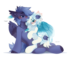 Size: 2400x2000 | Tagged: safe, artist:zlatavector, oc, oc only, oc:avis, oc:leena, pegasus, pony, blushing, commission, couple, feather, female, high res, kissing, male, mare, pegasus oc, shipping, size difference, smack, stallion