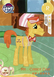 Size: 726x1029 | Tagged: safe, carrot cake, earth pony, pony, g4, official, bowtie, card, kayou, male, merchandise, my little pony logo, scan, solo, stallion, sugarcube corner, text, trading card