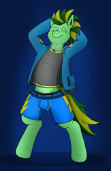Size: 3072x4720 | Tagged: safe, artist:tacomytaco, oc, oc only, oc:taco.m.tacoson, anthro, unguligrade anthro, belly button, briefs, clothes, eyes closed, gradient background, hoodie, male, open clothes, shirt, shorts, smiling, solo, stretching, striped underwear, two toned coat, underwear