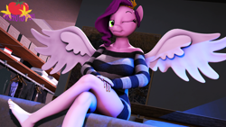 Size: 3840x2160 | Tagged: safe, artist:marianokun, pipp petals, pegasus, anthro, g4, g5, 3d, barefoot, bed, breasts, busty pipp petals, coat markings, crossed legs, feet, g5 to g4, generation leap, high res, looking at you, nail polish, one eye closed, socks (coat markings), solo, source filmmaker, spread wings, toenail polish, wings, wink, winking at you