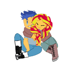 Size: 488x511 | Tagged: safe, artist:decokenite, flash sentry, sunset shimmer, human, equestria girls, g4, base used, boots, clothes, eyes closed, female, hug, hug from behind, looking at someone, male, photo, ship:flashimmer, shipping, shirt, shoes, simple background, straight, sweater, t-shirt, transparent background