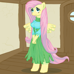 Size: 800x800 | Tagged: safe, artist:lonelyworld, fluttershy, pegasus, anthro, unguligrade anthro, g4, breasts, clipped wings, clothes, commission, door, dress, female, hands together, indoors, mare, sad, solo, spread wings, torn clothes, wings