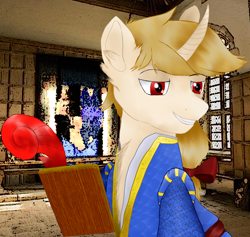 Size: 2314x2190 | Tagged: safe, artist:uncreative, oc, oc only, oc:regal inkwell, pony, unicorn, chest fluff, clipboard, clothes, curved horn, doublet, ear fluff, high res, horn, male, medieval, nobility, quill, smug, solo, stallion