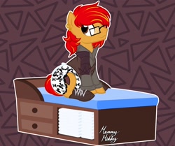 Size: 1964x1639 | Tagged: safe, artist:mommymidday, oc, oc only, earth pony, pony, abdl, adult foal, boots, changing table, clothes, diaper, diaper fetish, earth pony oc, ex raider, fetish, glasses, male, non-baby in diaper, shoes, show accurate, signature, solo, stallion