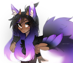 Size: 2300x2000 | Tagged: safe, artist:zlatavector, oc, oc only, oc:alexus nictivia, hybrid, pegasus, pony, chest fluff, clothes, colored wings, commission, eyebrows, eyebrows visible through hair, feathered wings, female, high res, horns, long ears, looking at you, mare, multiple tails, sketch, socks, solo, spread wings, tail, thigh highs, two tails, two toned wings, wings
