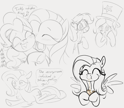 Size: 1508x1308 | Tagged: safe, artist:dotkwa, fluttershy, pinkie pie, oc, oc:deary dots, oc:hattsy, earth pony, pegasus, pony, cheek kiss, cheese, cute, eating, female, flutterpie, food, gray background, grayscale, grilled cheese, hat, kissing, kissy face, laughing, lesbian, mare, monochrome, open mouth, open smile, partial color, puffy cheeks, sandwich, shipping, shyabetes, simple background, smiling, stubble, tickling, top hat, underhoof