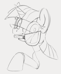 Size: 543x659 | Tagged: safe, artist:dotkwa, twilight sparkle, pony, unicorn, g4, bust, female, glasses, grayscale, knife, looking at you, mare, monochrome, mouth hold, open mouth, sketch, solo, unicorn twilight