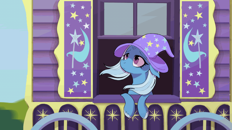 Size: 1280x720 | Tagged: safe, artist:pencilmistic, trixie, pony, unicorn, animated, blinking, clothes, day, eyebrows, eyelashes, featured image, female, floppy ears, frown, gif, hat, looking up, loop, mare, sad, sky, solo, trixie's hat, trixie's wagon, wagon, wheel, windswept mane