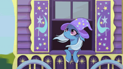 Size: 1280x720 | Tagged: safe, artist:pencilmistic, trixie, pony, unicorn, animated, blinking, clothes, day, eyelashes, female, floppy ears, gif, hat, looking up, loop, mare, sad, sky, solo, trixie's hat, trixie's wagon, wagon, wheel