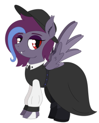 Size: 1213x1494 | Tagged: safe, artist:dyonys, oc, oc only, oc:drac, pegasus, pony, undead, vampire, clothes, dress, eyeshadow, fangs, female, hat, makeup, mare, simple background, solo, spread wings, transparent background, wings