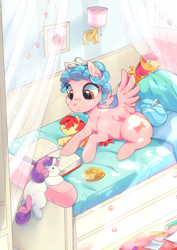 Size: 1240x1754 | Tagged: safe, artist:pinle, apple bloom, cozy glow, scootaloo, sweetie belle, earth pony, pegasus, pony, unicorn, g4, bed, bedroom, book, cottagecore, cozybetes, cute, cutie mark crusaders, female, filly, foal, lying down, medallion, plushie, prone, smiling, solo, spread wings, wings