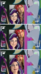 Size: 1255x2246 | Tagged: safe, artist:maddymoiselle, artist:sarahndipity cosplay, edit, edited screencap, screencap, rainbow dash, starlight glimmer, sunset shimmer, human, pegasus, pony, do it for the ponygram!, equestria girls, g4, my little pony equestria girls: better together, clothes, cosplay, costume, faic, irl, irl human, photo, rainbow dash's prank fail