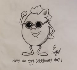 Size: 1809x1649 | Tagged: safe, artist:engi, oc, oc only, black and white, egg, goggles, grayscale, little fella, monochrome, ponified, pun, simple background, solo, sunglasses, traditional art