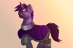 Size: 1551x1027 | Tagged: safe, artist:beefgummies, oc, oc only, oc:phantom eclipse, pony, unicorn, armor, beard, cape, clothes, facial hair, five o'clock shadow, gradient background, looking sideways, male, neck rings, orange background, purple eyes, purple mane, raised hoof, sharp teeth, simple background, stallion, teeth