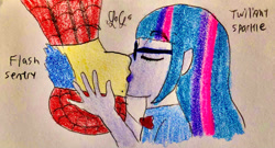 Size: 1920x1036 | Tagged: safe, artist:lugialover249, flash sentry, sci-twi, twilight sparkle, human, equestria girls, g4, female, kissing, male, marvel, ship:flashlight, ship:sci-flash, shipping, spider-man, straight, traditional art, upside down