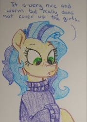 Size: 1465x2048 | Tagged: safe, artist:pony quarantine, oc, oc only, oc:milky way, earth pony, pony, clothes, crayon drawing, dialogue, female, freckles, implied crotchboobs, mare, solo, sweater, traditional art