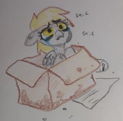 Size: 1968x1937 | Tagged: safe, artist:pony quarantine, derpy hooves, pegasus, pony, g4, box, bronybait, cardboard box, crayon drawing, crying, looking up, sad, solo, traditional art