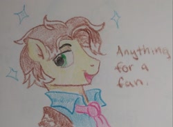 Size: 2048x1511 | Tagged: safe, artist:pony quarantine, feather bangs, earth pony, pony, g4, bust, clothes, cosplay, costume, crayon drawing, friday night funkin', male, necktie, senpai, solo, sparkles, stallion, talking to viewer, traditional art