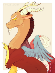 Size: 1500x1959 | Tagged: safe, artist:pinle, discord, draconequus, g4, 2015, antlers, male, profile, signature, simple background, smiling, smirk, solo