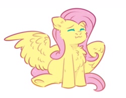 Size: 1333x1028 | Tagged: safe, artist:kiiitssss, fluttershy, pegasus, pony, g4, :3, chest fluff, cute, eyes closed, fluffy, solo, spread wings, underhoof, wings