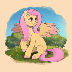 Size: 3100x3100 | Tagged: safe, artist:birdoffnorth, fluttershy, pegasus, pony, chromatic aberration, colored hooves, colored wings, colored wingtips, cute, female, flower, flower in hair, forest, grass, hair, mare, pink hair, pink tail, raised hoof, shyabetes, sitting, smiling, solo, spread wings, tail, wings